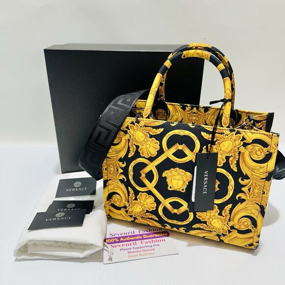 Versace Medusa Black Gold Canvas Medium Tote Greca Strap Bag NWT $1,275 - Picture 2 of 15